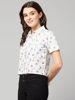 Right hand  side view- White short-sleeve button-up shirt women